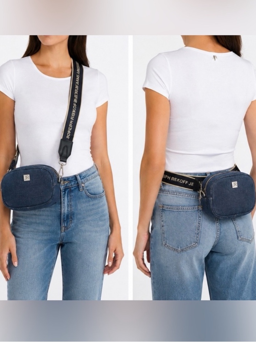 Joseph Ribkoff Denim Crossbody Purse w/ Logo Belt Strap Small Dainty fanny pack